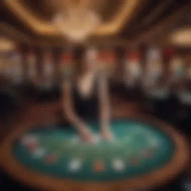 A glamorous casino setting with a blackjack table