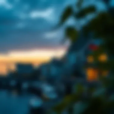 A scenic view of a coastal Norwegian town with a casino in the foreground
