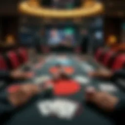 An overview of a poker table with chips and cards strategically placed