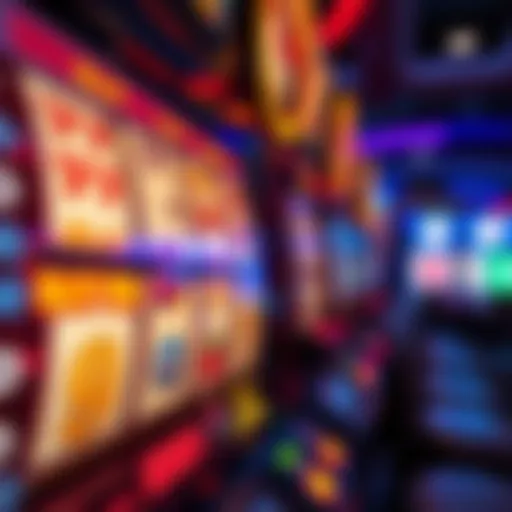 A close-up of a vibrant slot machine display with spinning reels.