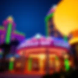A vibrant view of Emerald Bay Casino showcasing its grand entrance and neon lights.