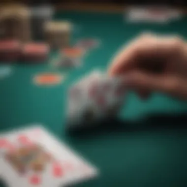 A close-up of a blackjack table displaying cards and chips in action.