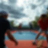 Tennis court with players in action
