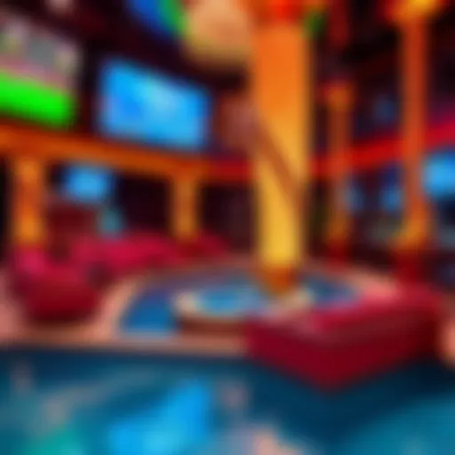 A vibrant view of the Circa Las Vegas sportsbook pool area showcasing luxurious seating and large screens.