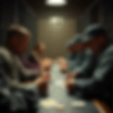 Engagement in Card Games Inmates engaged in a card game, illustrating camaraderie and strategy in a confined space