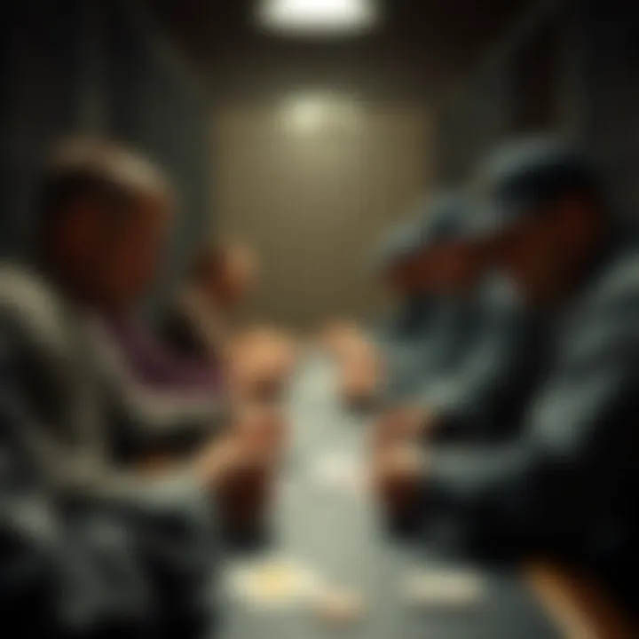 Engagement in Card Games Inmates engaged in a card game, illustrating camaraderie and strategy in a confined space