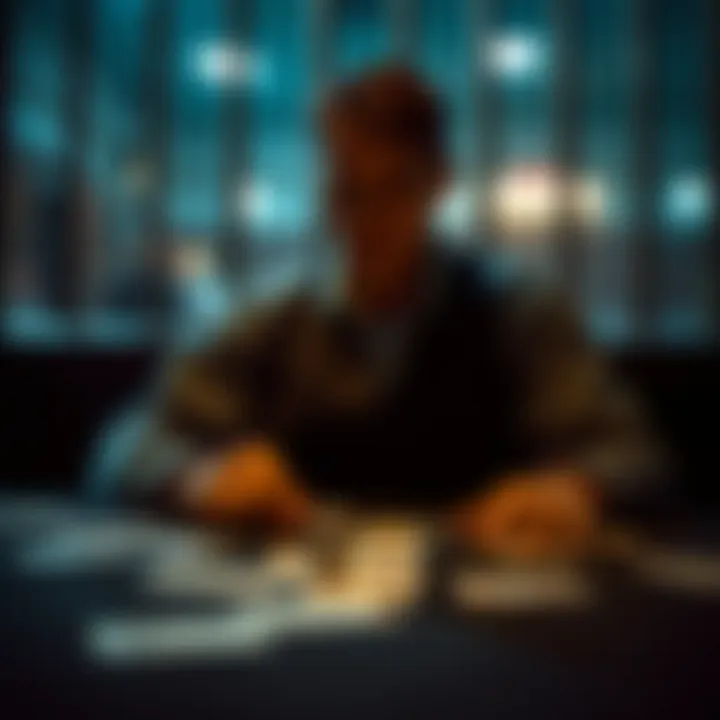 Reflection on Card Games in Confinement A solitary figure reflecting on a game of cards, symbolizing the psychological aspects of gambling in confinement