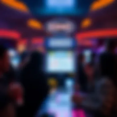 Social Dynamics of Keno Gaming An illuminated keno machine surrounded by excited players, highlighting the social aspect of the game.