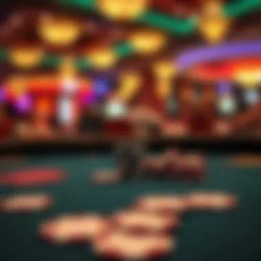 Close-up of a poker table with chips and cards in focus