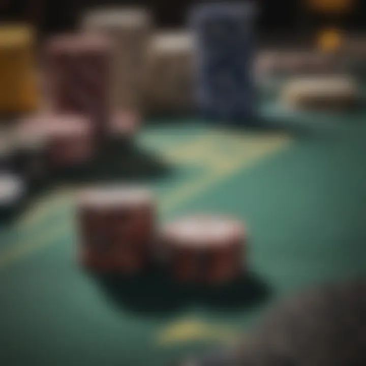 Close-up of poker chips and cards on a table during a game.