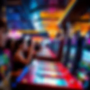 Excited players engaging with slot machines under promotional lighting