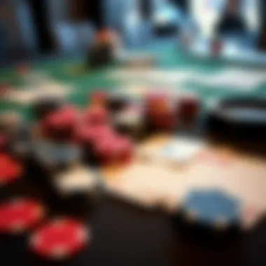 A collection of poker chips and cards laid out on a table, representing various games available