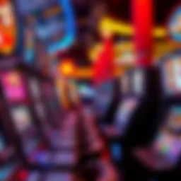 An array of colorful slot machines in a vibrant casino setting