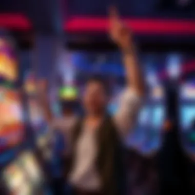 A player celebrating a win at a slot machine in a casino