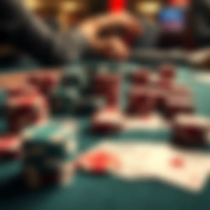 Strategy in Poker Play An array of poker chips and cards arranged strategically on a table.