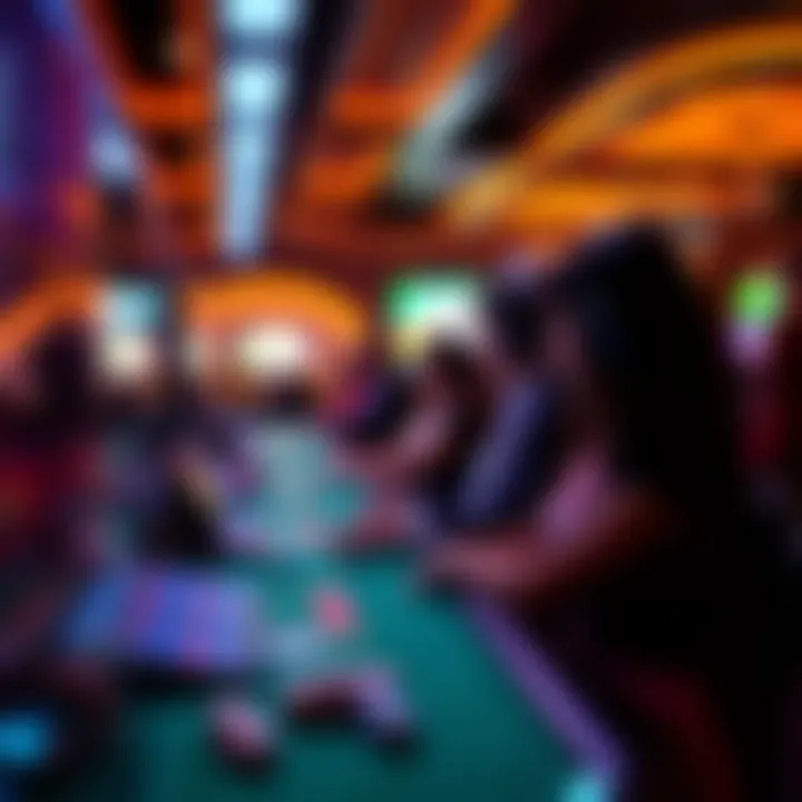 A vibrant scene of a live social casino with players engaging at virtual tables