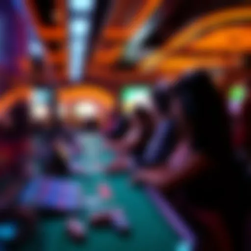 Interactive Virtual Casino Experience A vibrant scene of a live social casino with players engaging at virtual tables