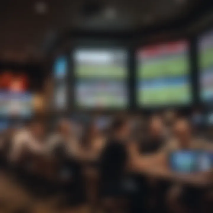 Patrons enjoying the sportsbook atmosphere with screens displaying live sports.
