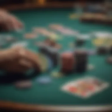 Close-up of poker chips and cards on a tournament table