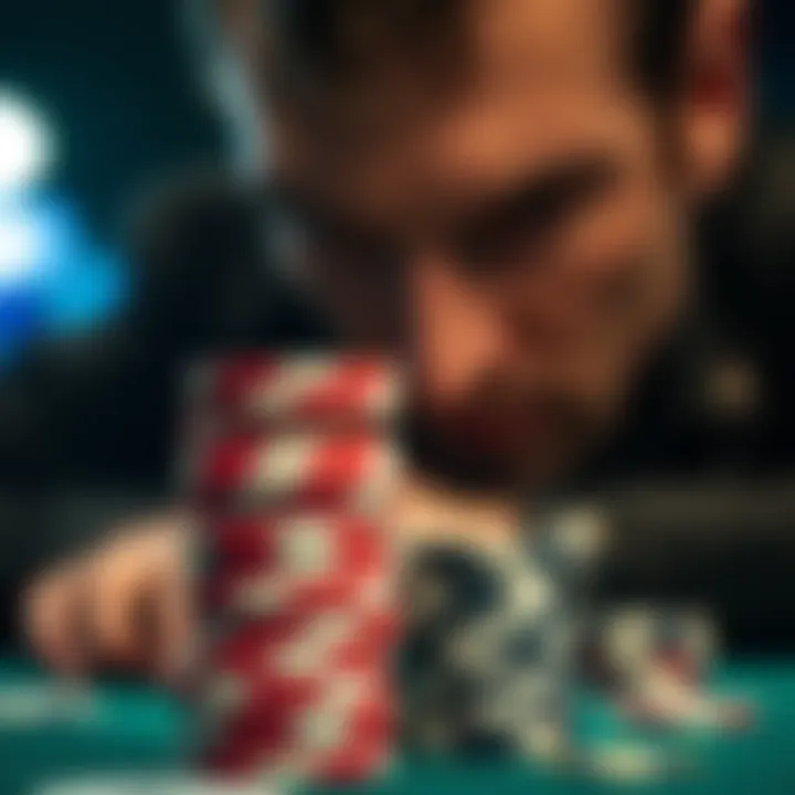 A close-up of poker chips stacked with an intense focus on a player's expression