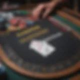 A close-up view of a blackjack table with cards and chips