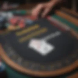 A close-up view of a blackjack table with cards and chips