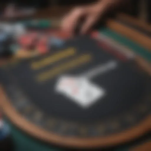 A close-up view of a blackjack table with cards and chips