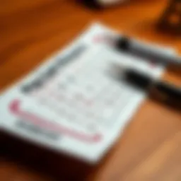 A close-up of a lottery ticket laid on a wooden table with a pen beside it