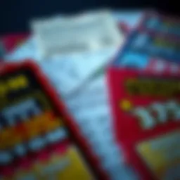 A close-up view of various New York lottery scratch-off tickets