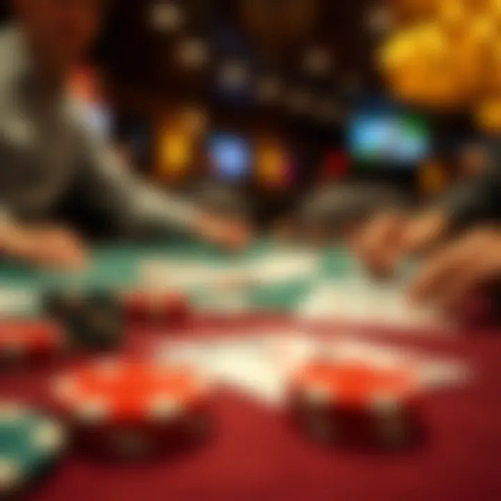 Close-up of poker chips and cards on a table during an intense game