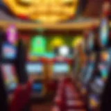 A diverse arrangement of slot machines in a casino setting, showcasing various themes and designs