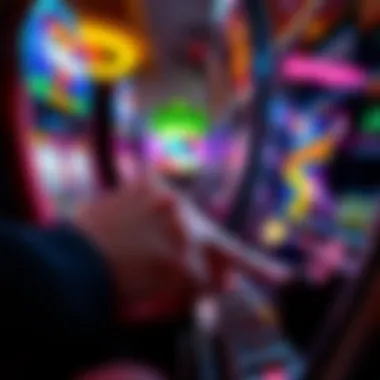 Close-up of a player's hand engaging with a slot machine