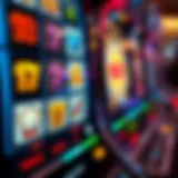 A close-up view of a slot machine interface showcasing colorful reels and iconic symbols