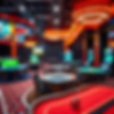 A vibrant 3D casino environment showcasing various gaming tables
