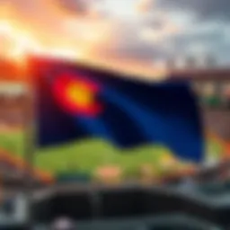Colorado state flag with a sports stadium backdrop